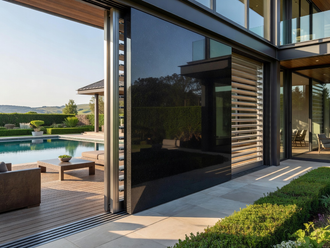 AeroShield Motorized Security Louver sliding a solid premium partition in an upscale luxury estate