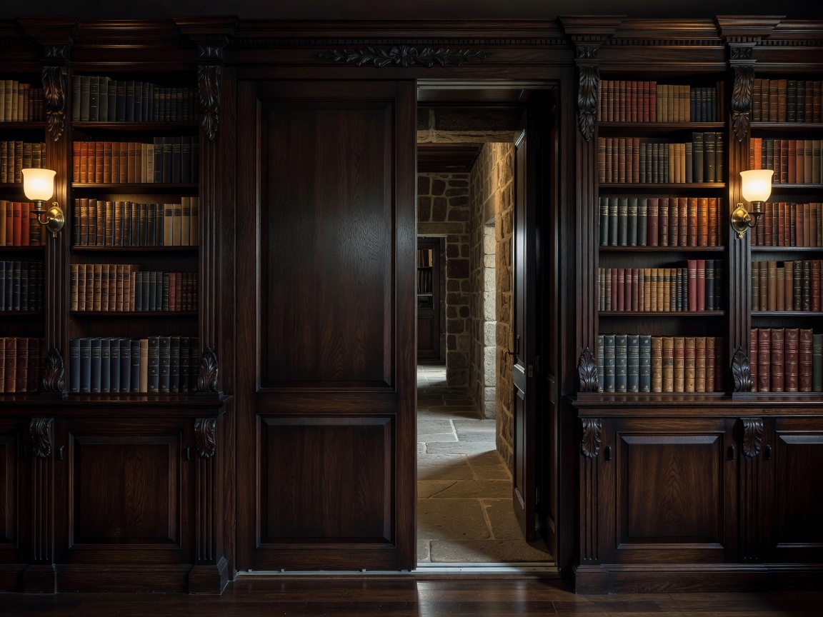 PocketSlide Architectural Bookcase Drive revealing a hidden passage behind elegant dark wood bookshelves