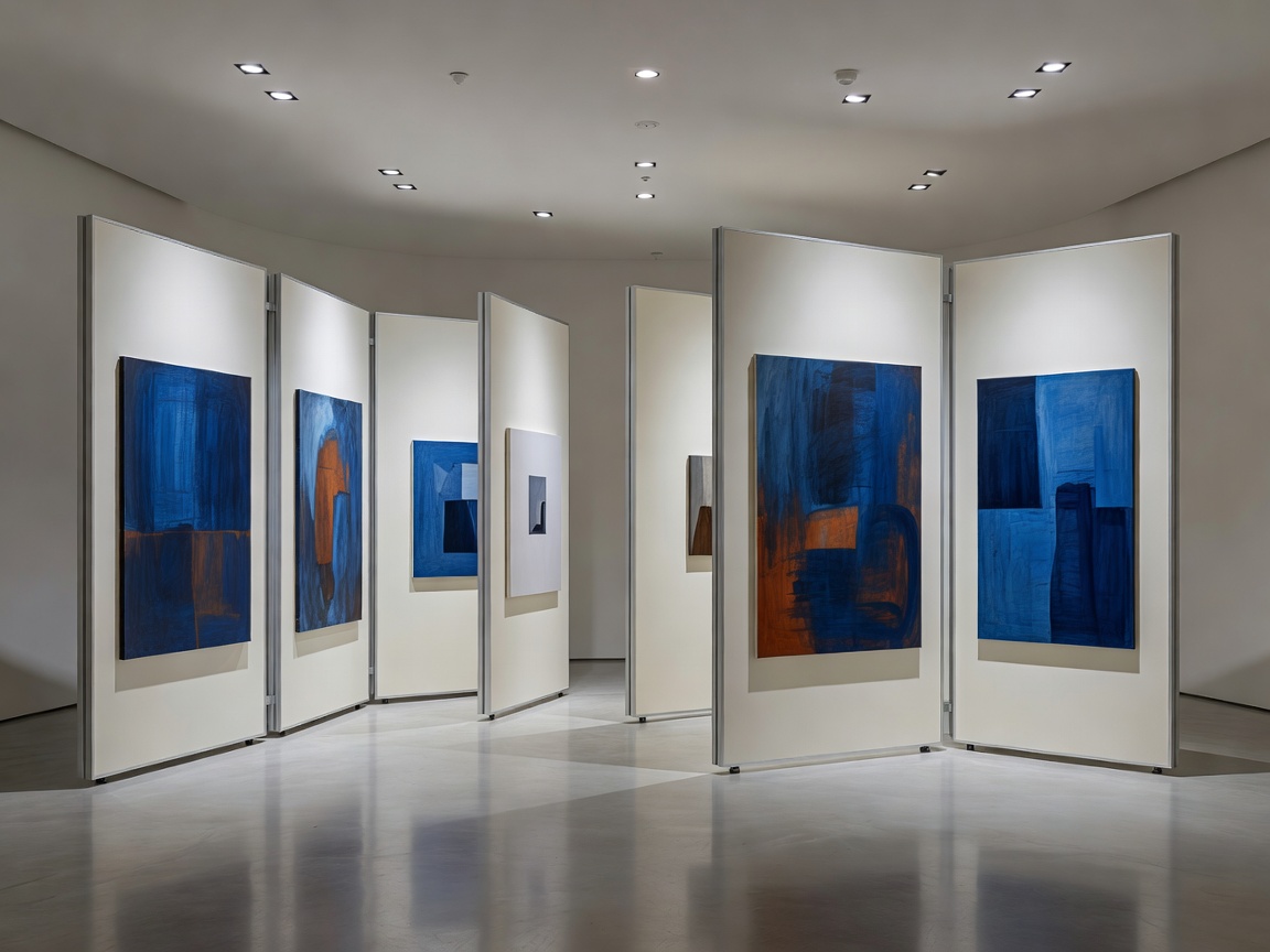 Private automated gallery space utilizing the RotaryPivot 360 rotating panel layout with ambient spot lighting