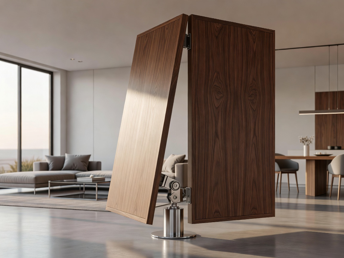 RotaryPivot 360 Space Divider rotating a premium wooden panel in a modern open-plan architectural home