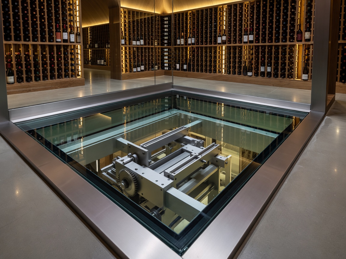 SubLevel Wine Vault Hatch Engine displaying a gorgeous modern glass floor looking into an illuminated wine cellar