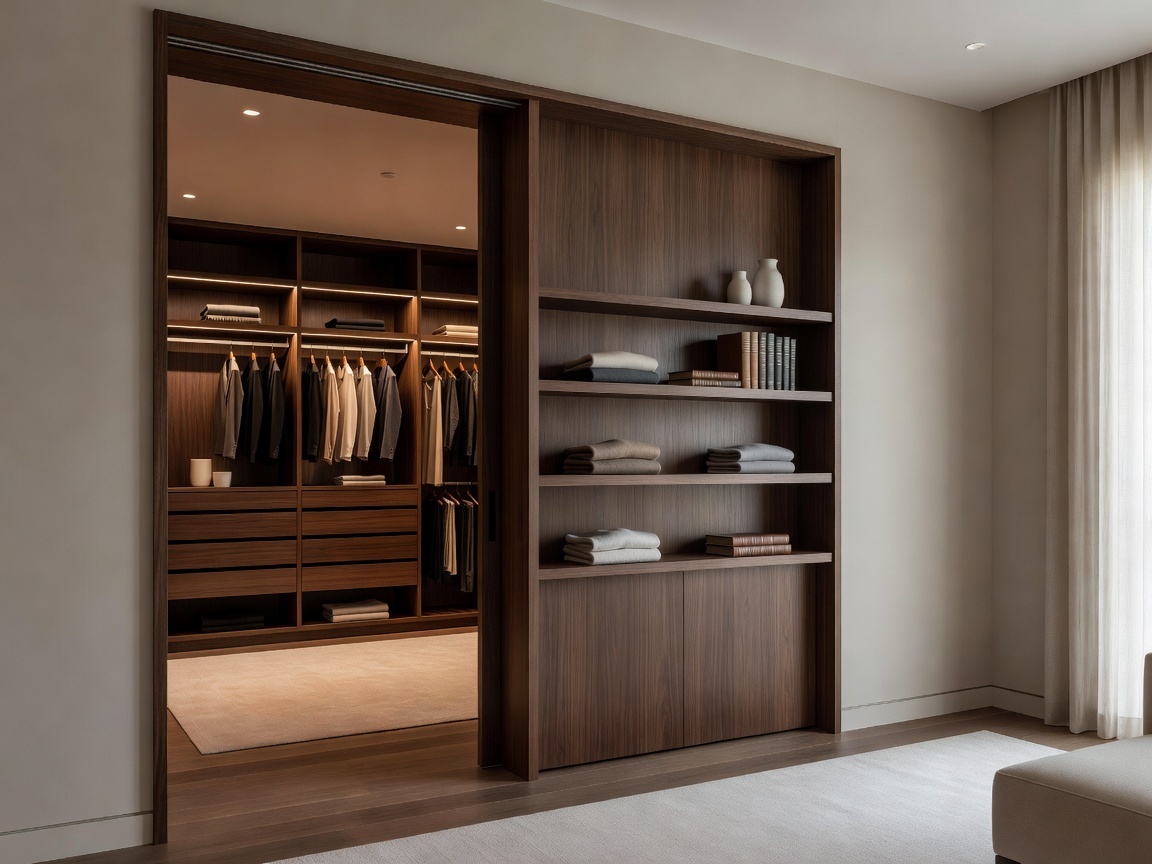 The Master Suite Hidden Sanctuary containing a custom walk-in closet behind an automated minimalist sliding shelf panel