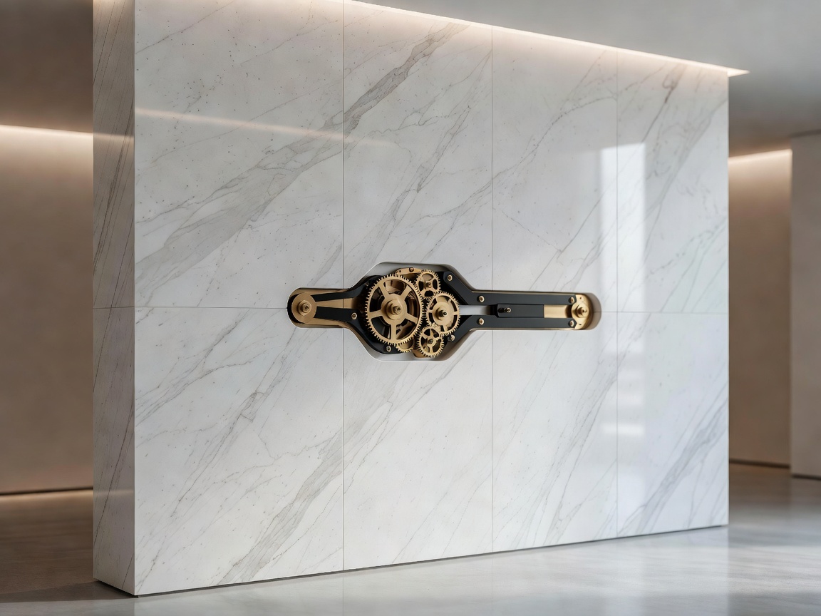 VaultIQ Core-E9 Kinetic Wall Drive installed inside a high-end luxury minimalist marble partition